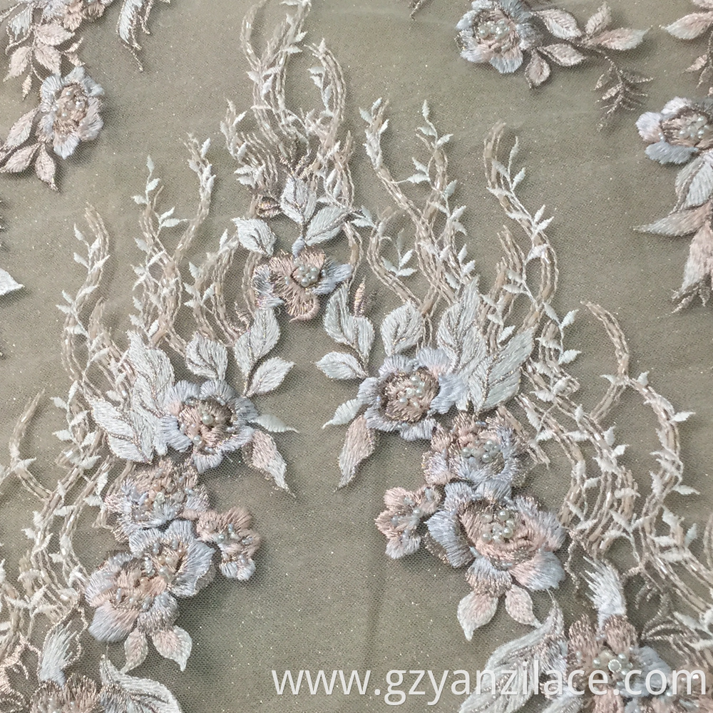 Classical Light Blue Handwork Beaded Embroidery Fabric